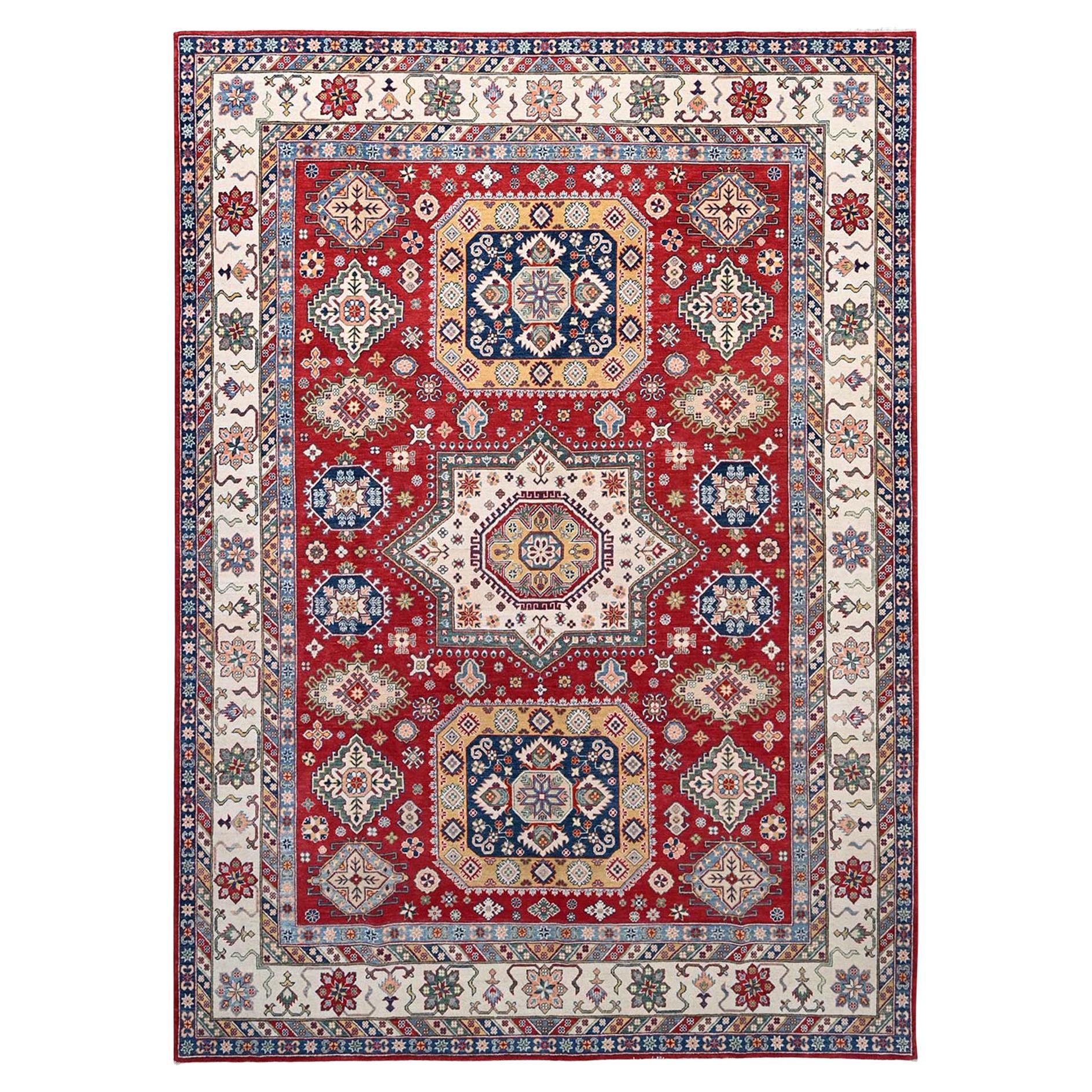 9'x12'4" Rufous Red Kazak Large Medallions Wool Hand Knotted Oriental Rug
