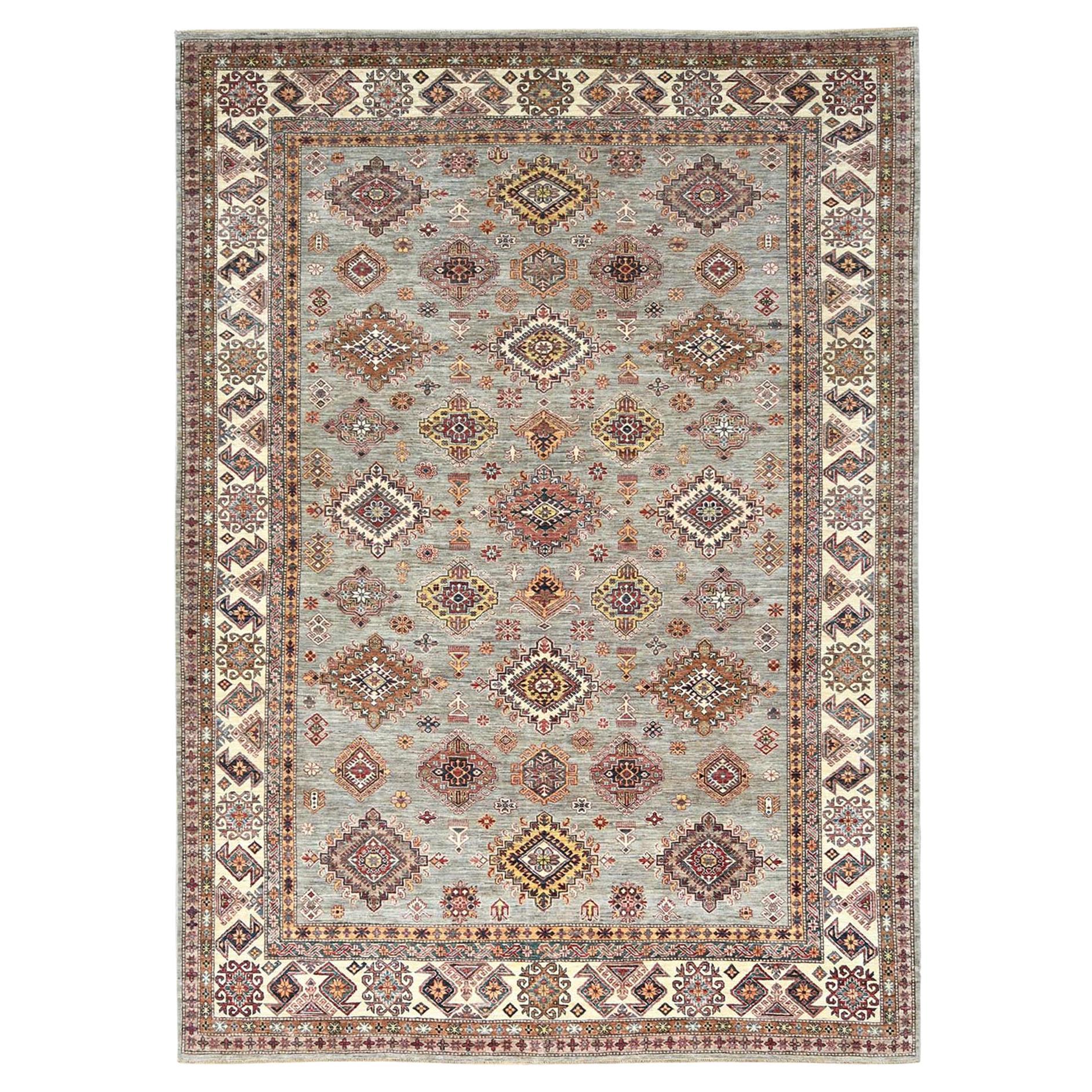 9'x12'4" Stone Gray, Soft Wool, Hand Knotted Afghan Super Kazak Rug