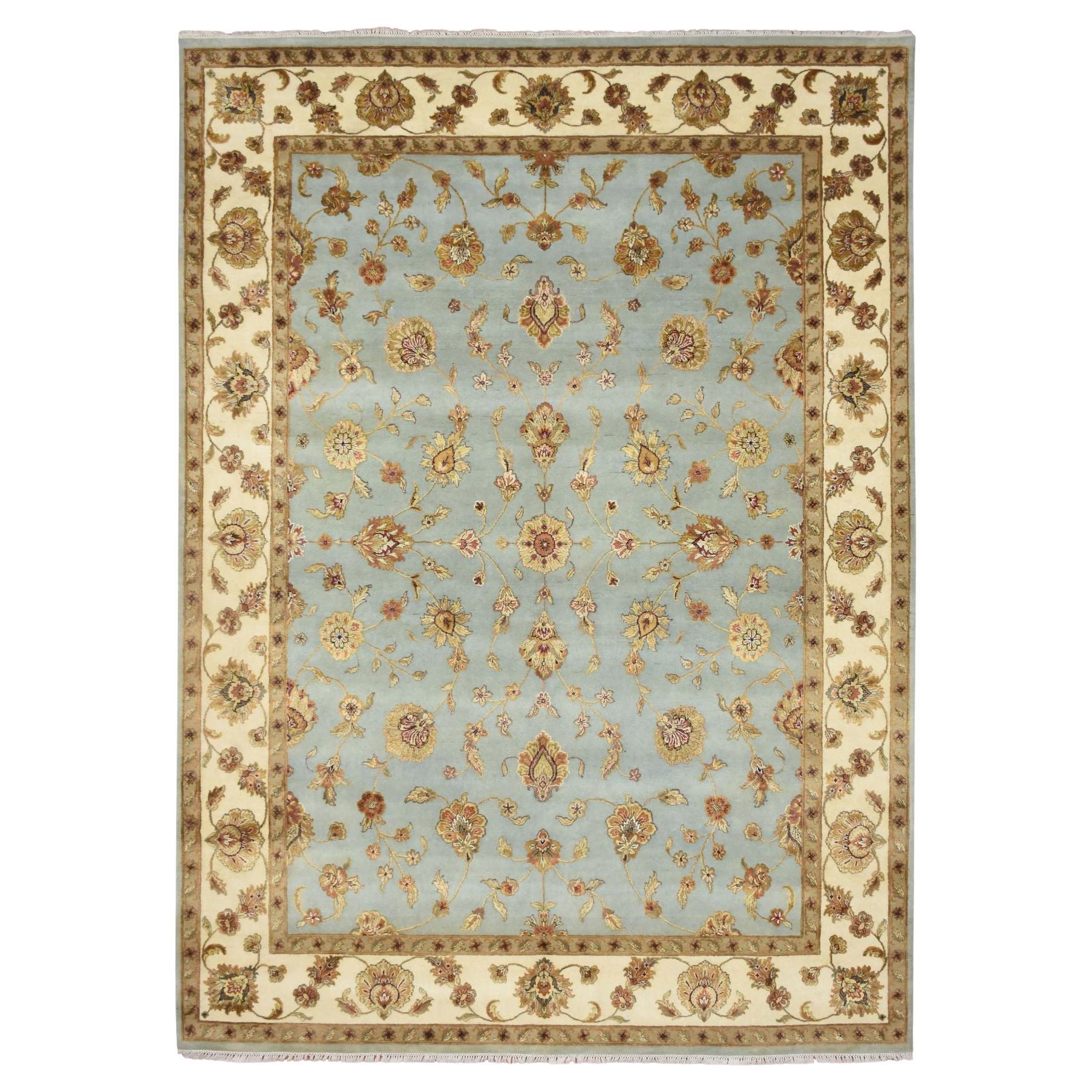 9'x12'5" Blue Rajasthan with Leaf Design Hand Knotted Wool & Silk Oriental Rug