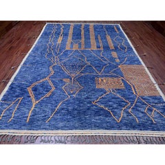 Alfombra de lana anudada a mano con diseño artesanal y tejido marroquí azul vaquero de 9'x12'5