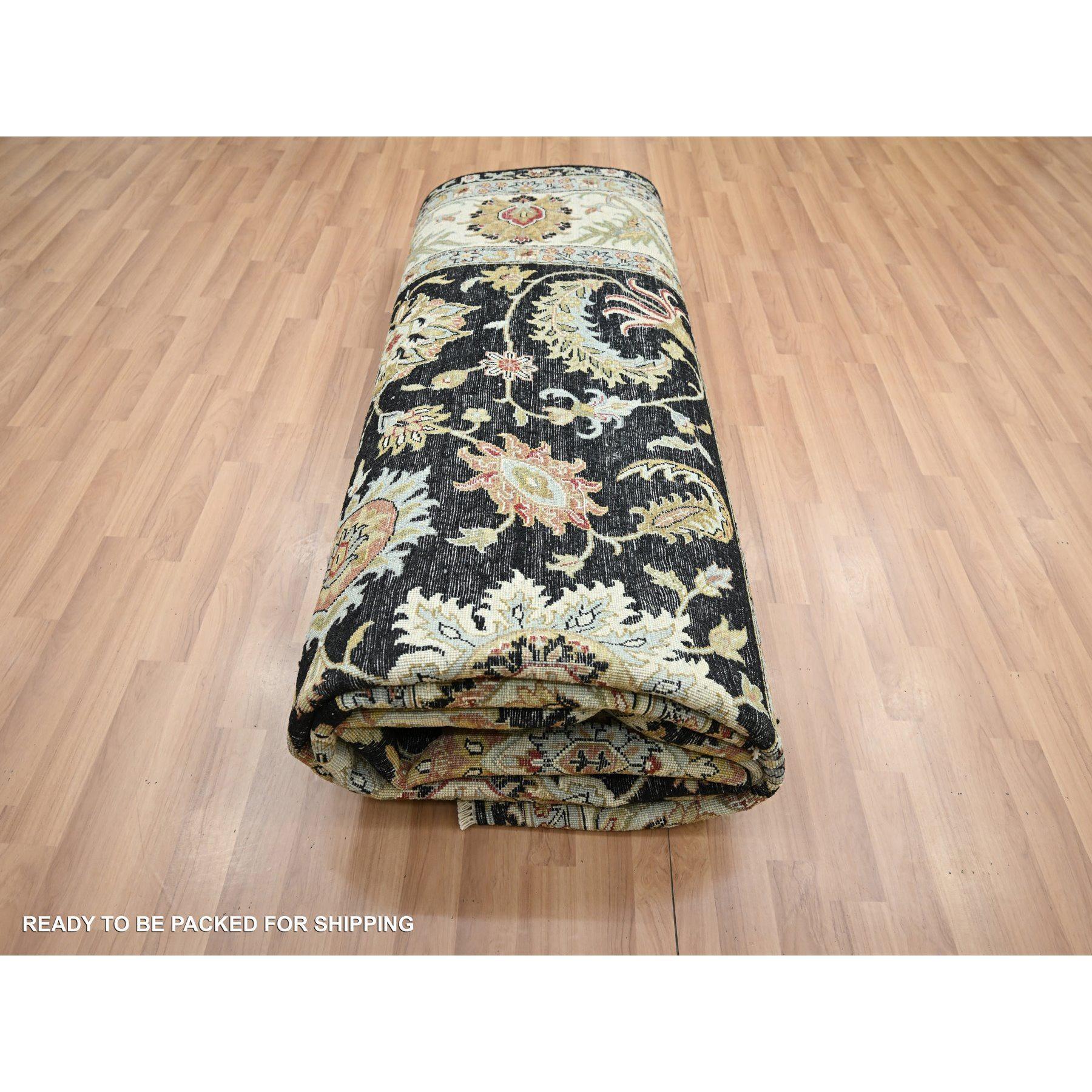 Alfombra Oriental de Lana con Motivos Florales Coloridos Agra Anudada a Mano Negra Ónix 9'x12'5 en venta 3