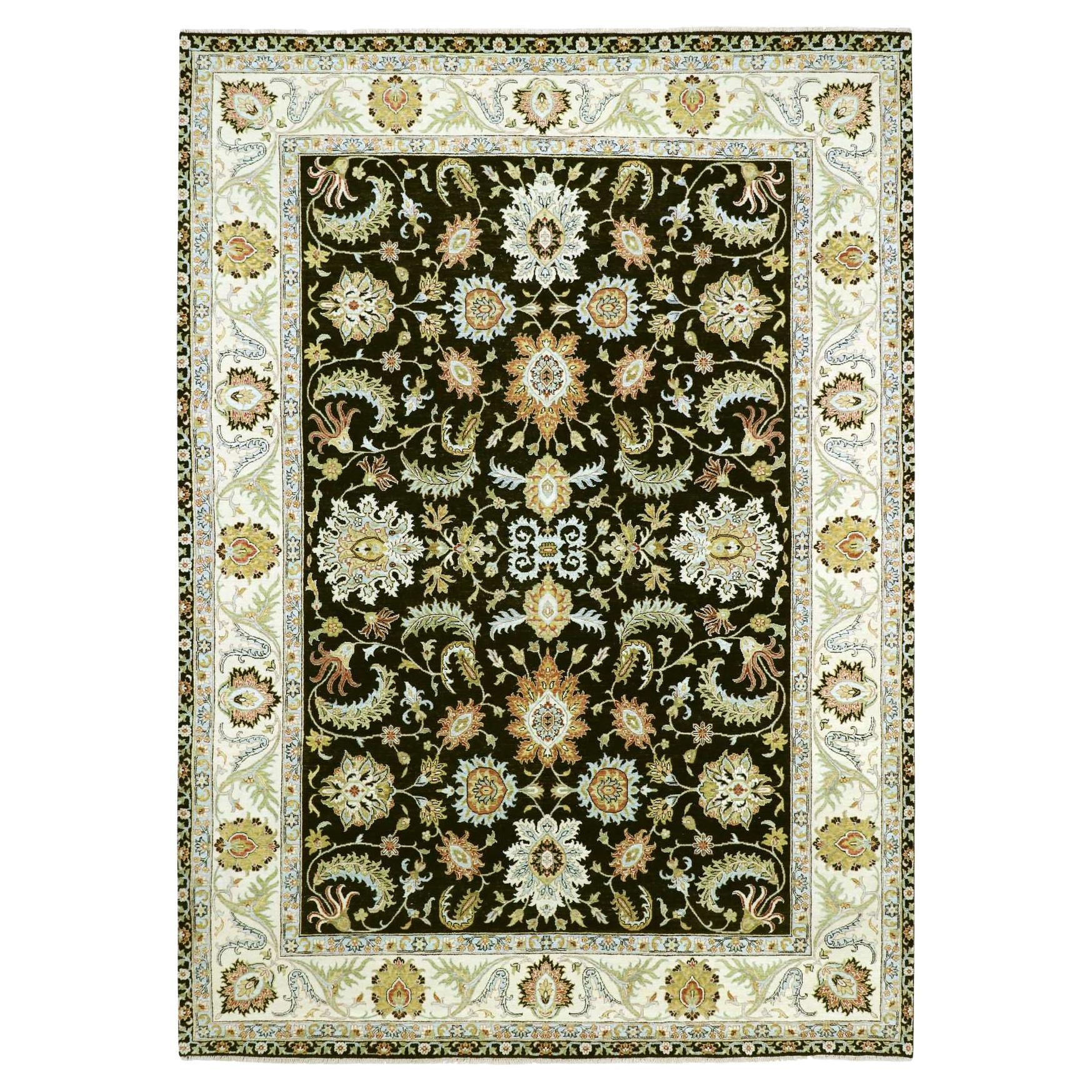 9'x12'5" Onyx Black Hand Knotted Agra Colorful Floral Motifs Wool Oriental Rug