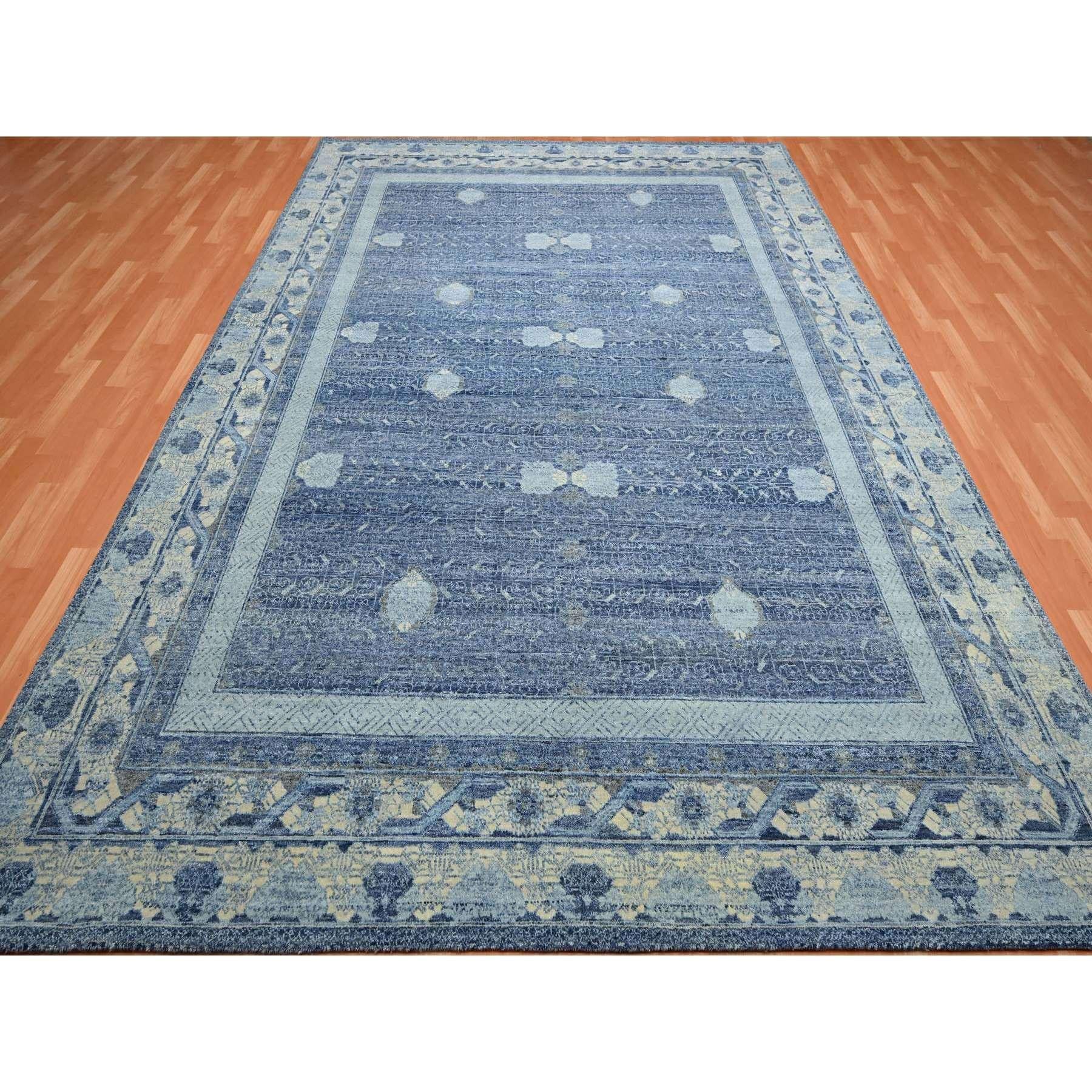Yale Blue, Pinecone Design, 100% Pure Wool, Thick and Plush, Hand Knotted Oriental Rug
Primary materials: Wool
Latex: No Pile 
height: 0.25 Inches
Style: Transitional
Primary color: Blue
Secondary colors: None
Pattern: Oriental