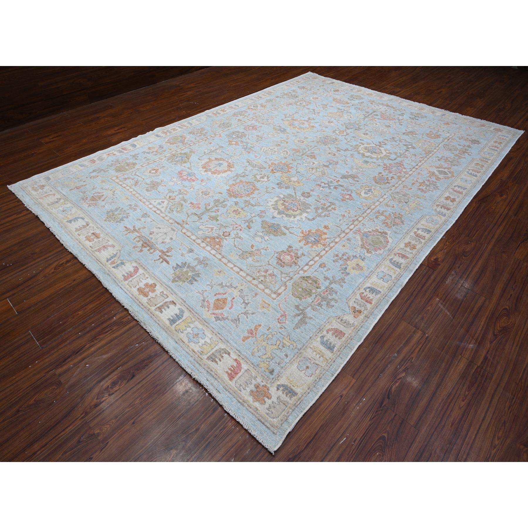 Alfombra Oriental Oushak de Angora Anudada a Mano Azul Afgana 9'x12'6 Afgano en venta