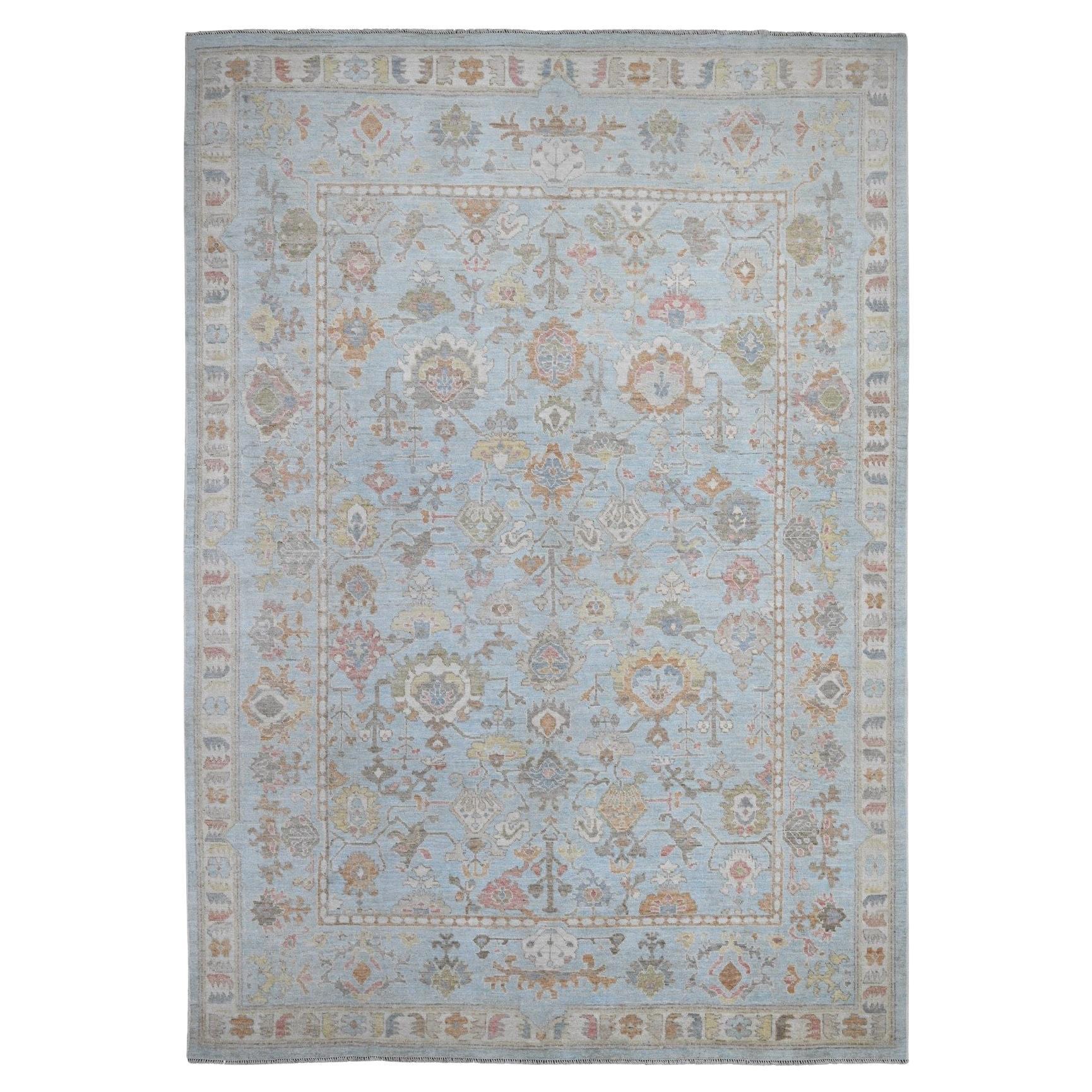 Alfombra Oriental Oushak de Angora Anudada a Mano Azul Afgana 9'x12'6