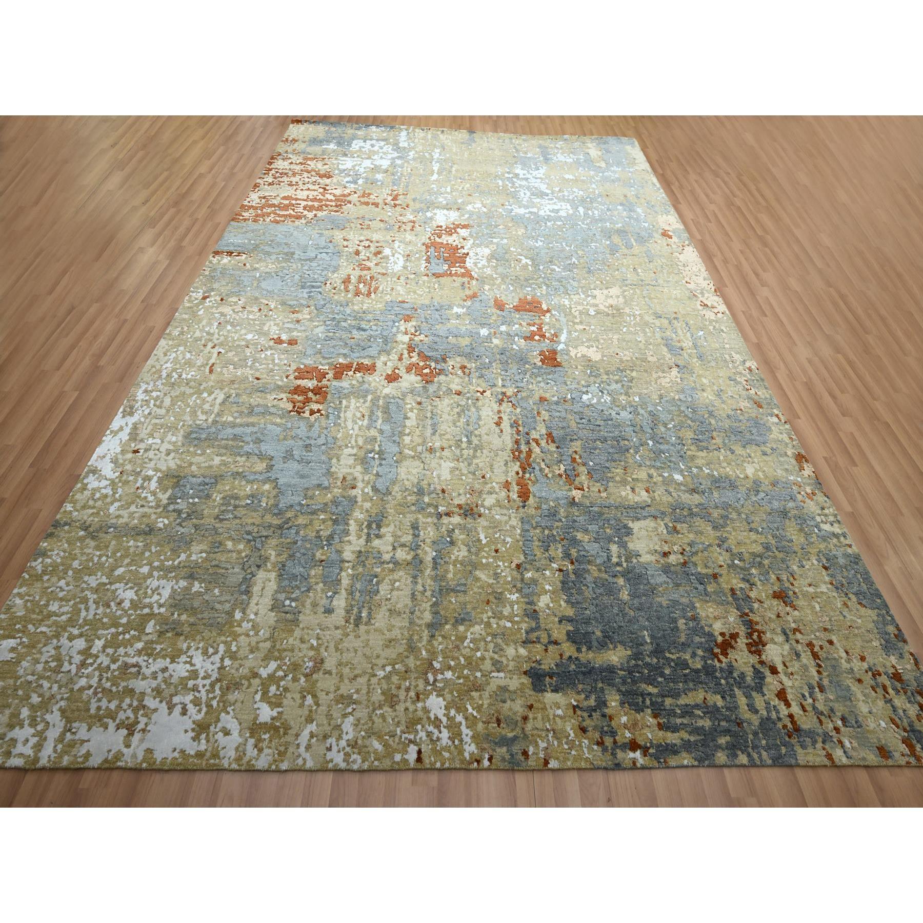 Stone Blue with Beige, Persian Knot, Densely Woven, Abstract with Galaxy Design, 100% Wool, Hand Knotted, Oriental Rug
Primary materials: Wool
Latex: No Pile 
height: 0.25 Inches
Style: Contemporary
Primary color: Blue
Secondary colors: Rust Red,
