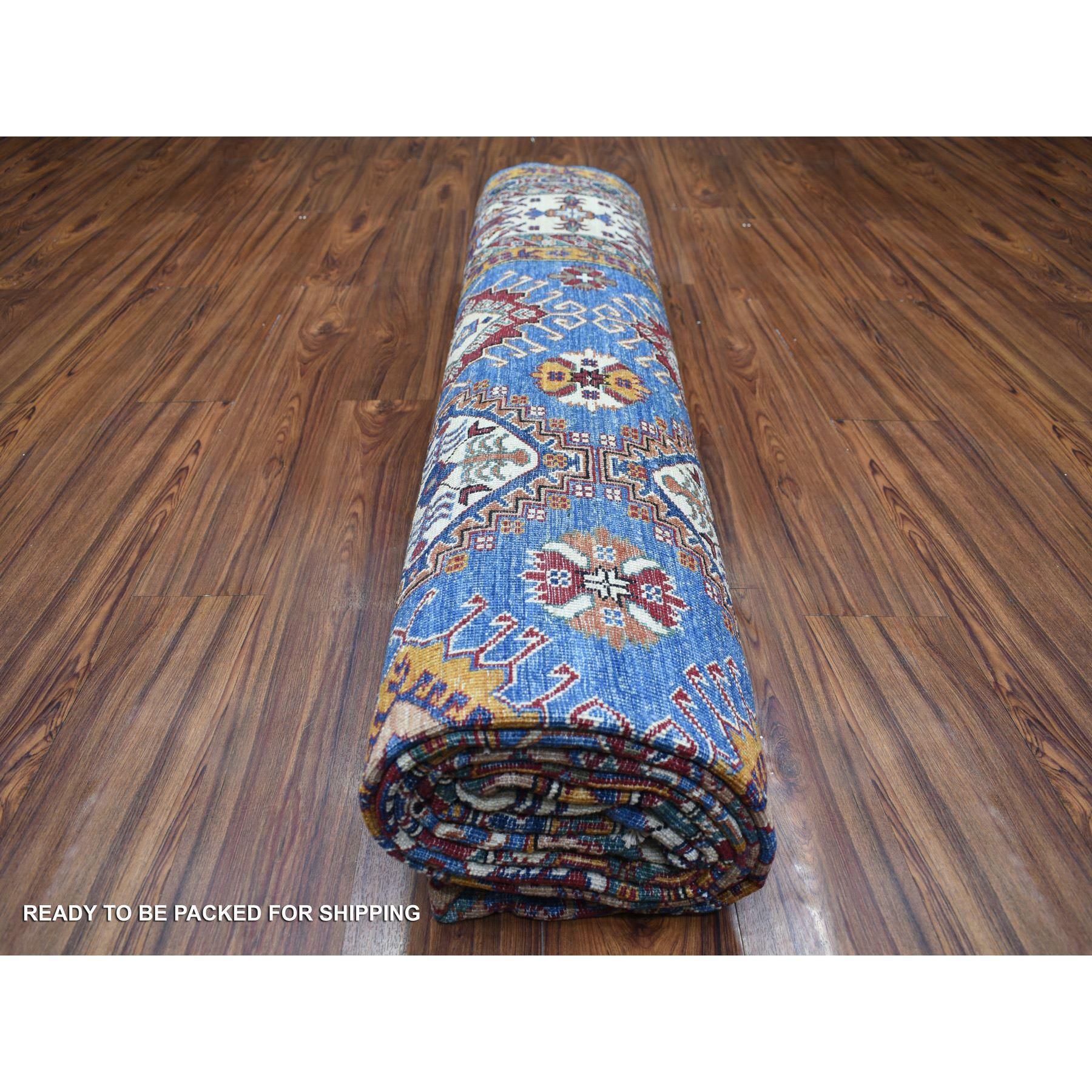 Tapis oriental bleu caucasien super Kazak en laine douce nouée à la main 9'x12'8