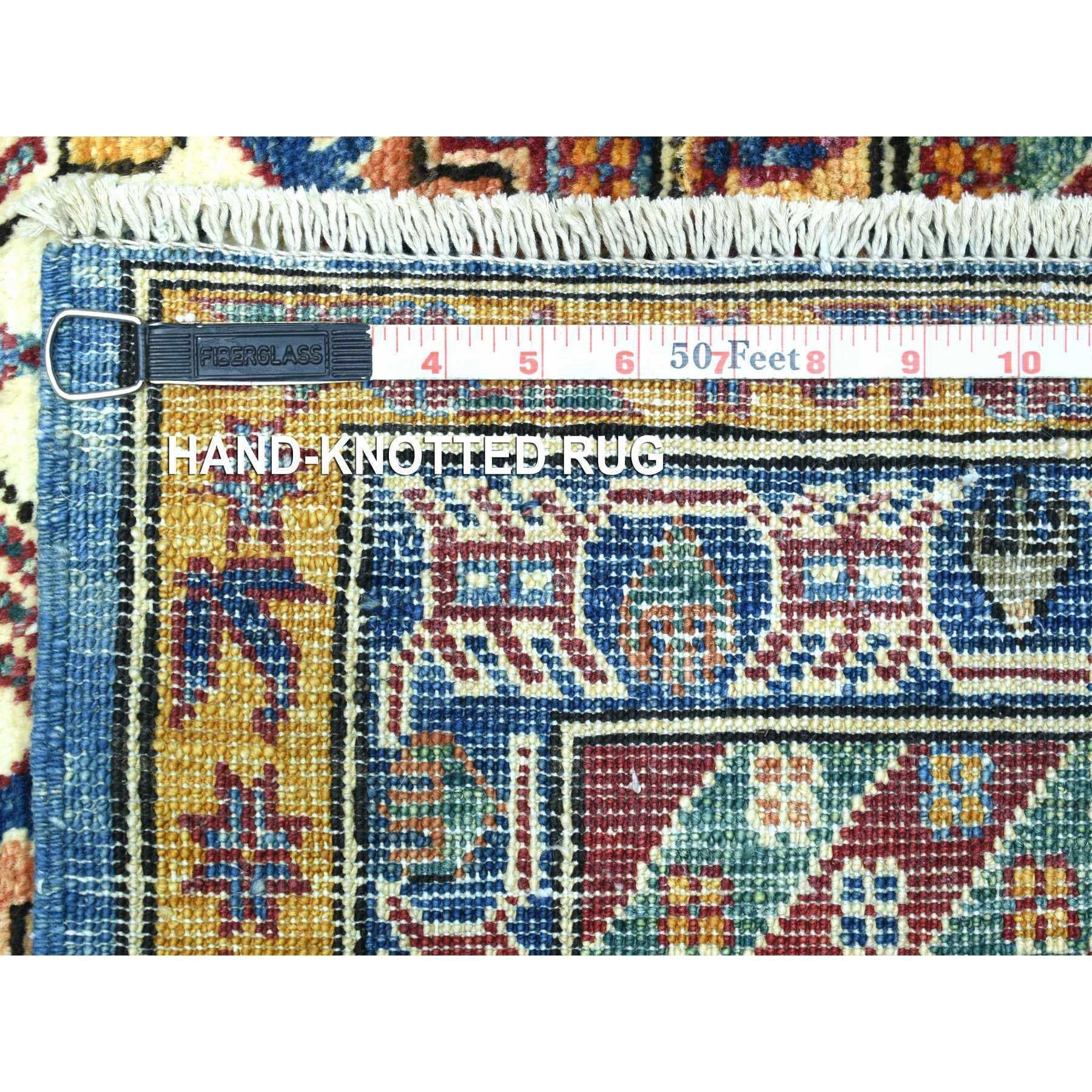 Tapis oriental bleu caucasien super Kazak en laine douce nouée à la main 9'x12'8