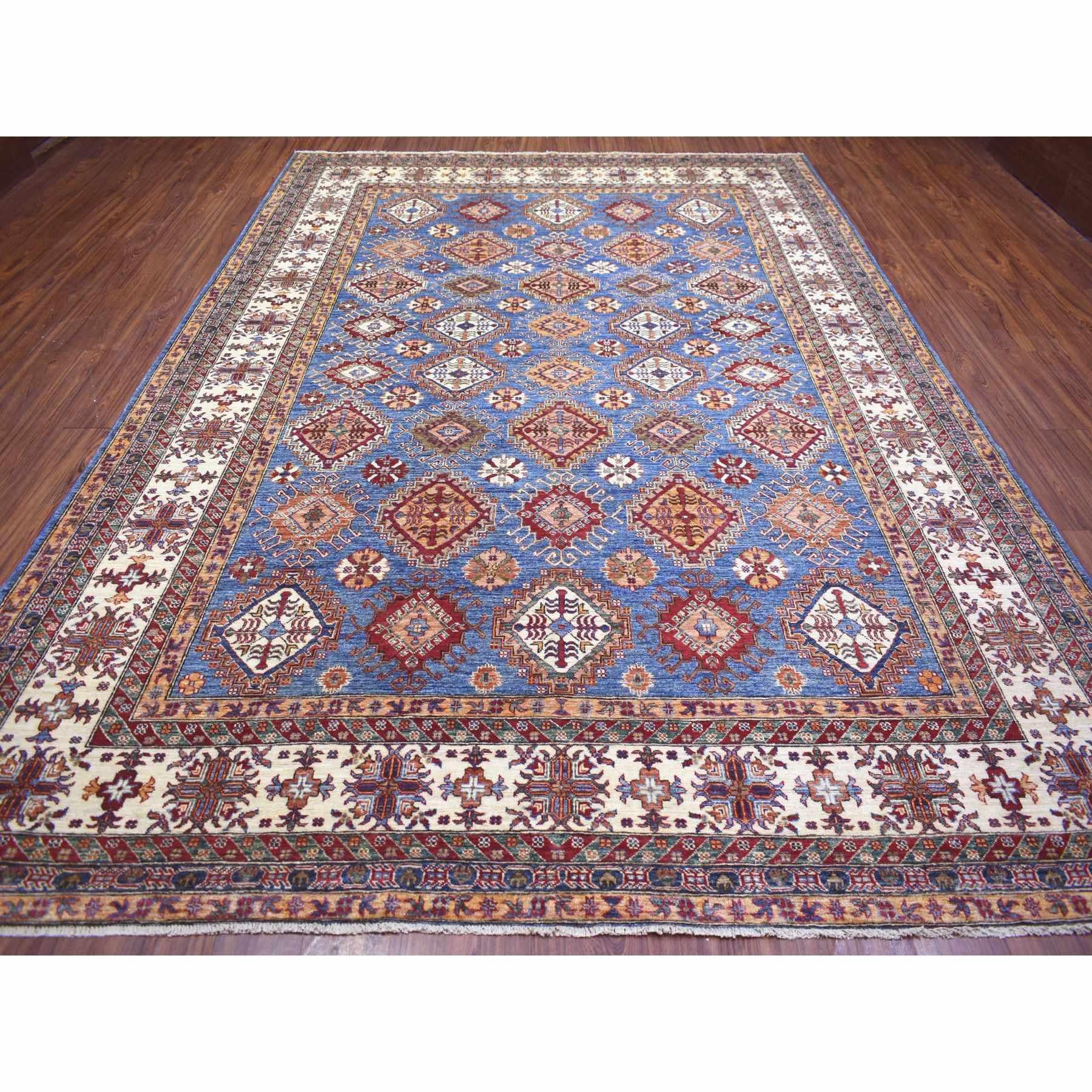 Kazakh Tapis oriental bleu caucasien super Kazak en laine douce nouée à la main 9'x12'8