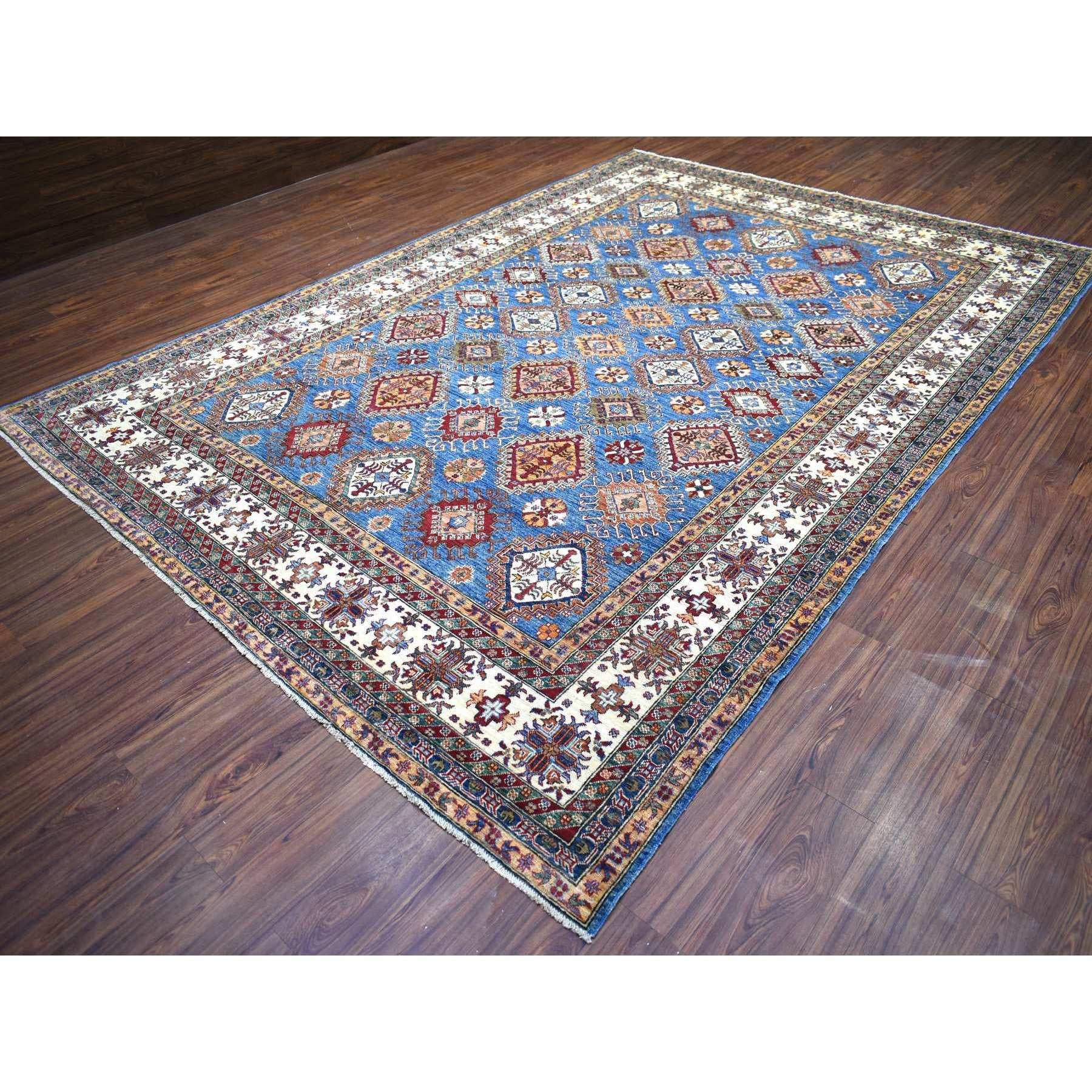 Afghan Tapis oriental bleu caucasien super Kazak en laine douce nouée à la main 9'x12'8