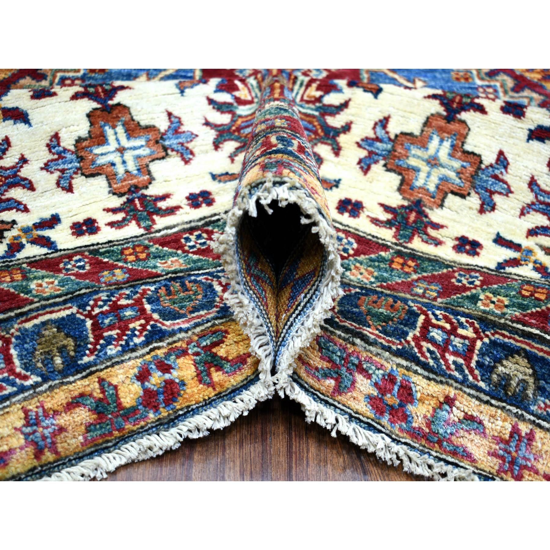 Tapis oriental bleu caucasien super Kazak en laine douce nouée à la main 9'x12'8