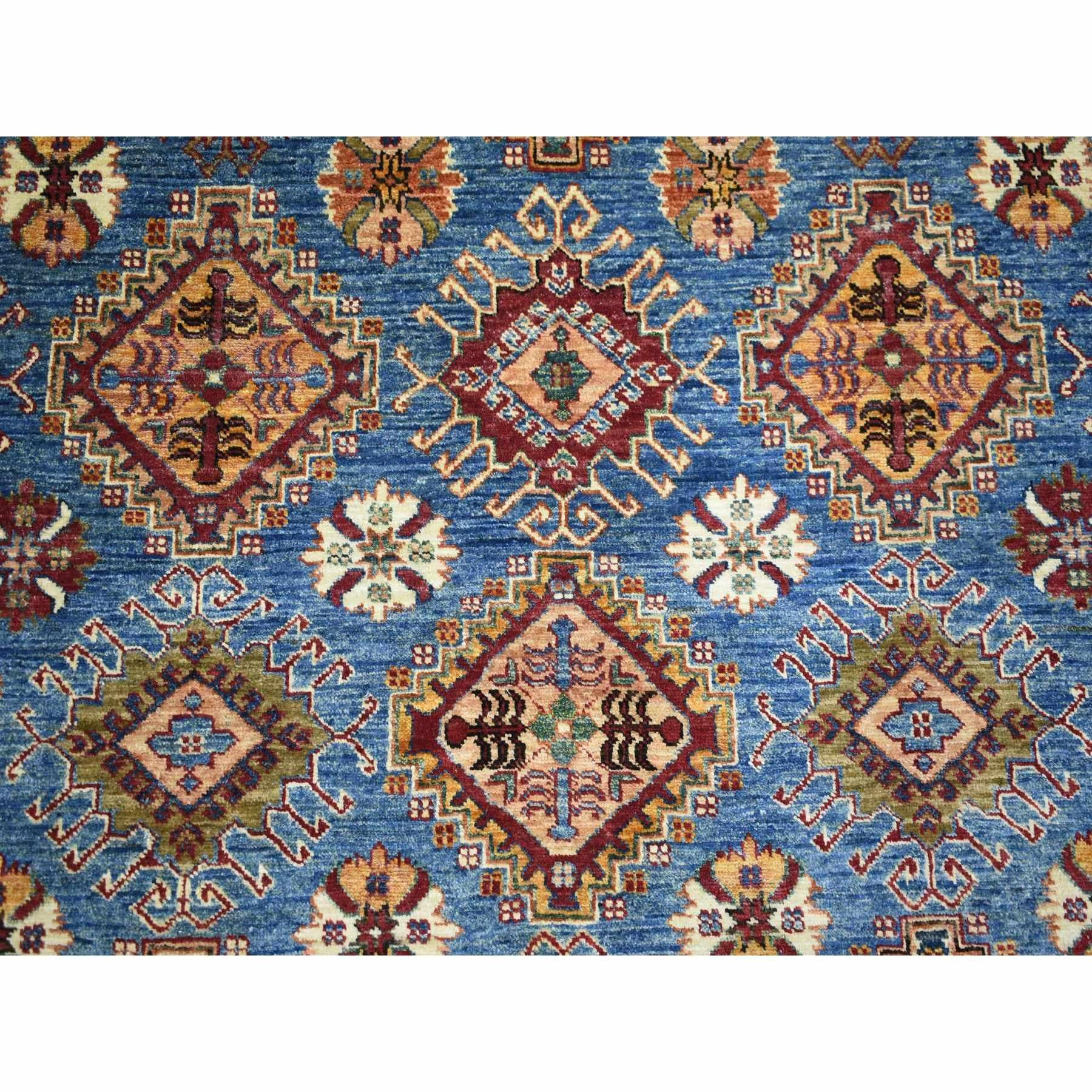 Tapis oriental bleu caucasien super Kazak en laine douce nouée à la main 9'x12'8