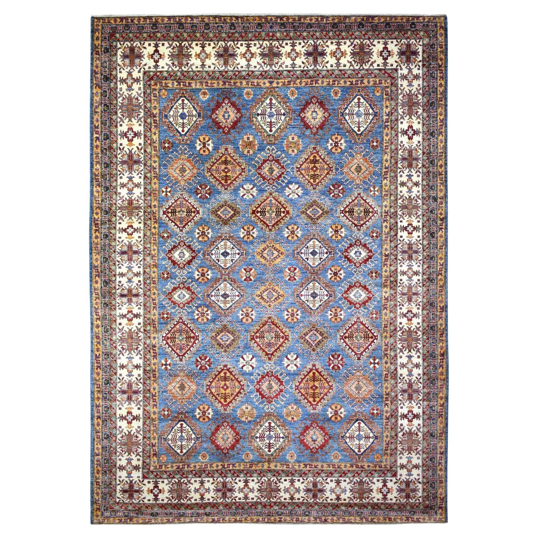 Tapis oriental bleu caucasien super Kazak en laine douce nouée à la main 9'x12'8"