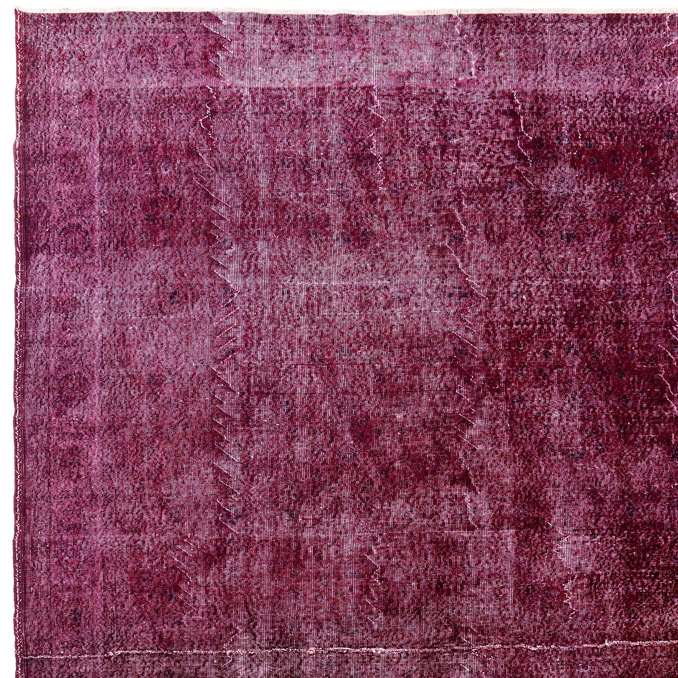 A large hand-knotted Turkish area rug over-dyed in maroon red.
It is finely hand-knotted with low wool pile on cotton foundation, in good condition with no issues, sturdy, professionally cleaned and suitable for high foot traffic.
Size: 9x13 ft