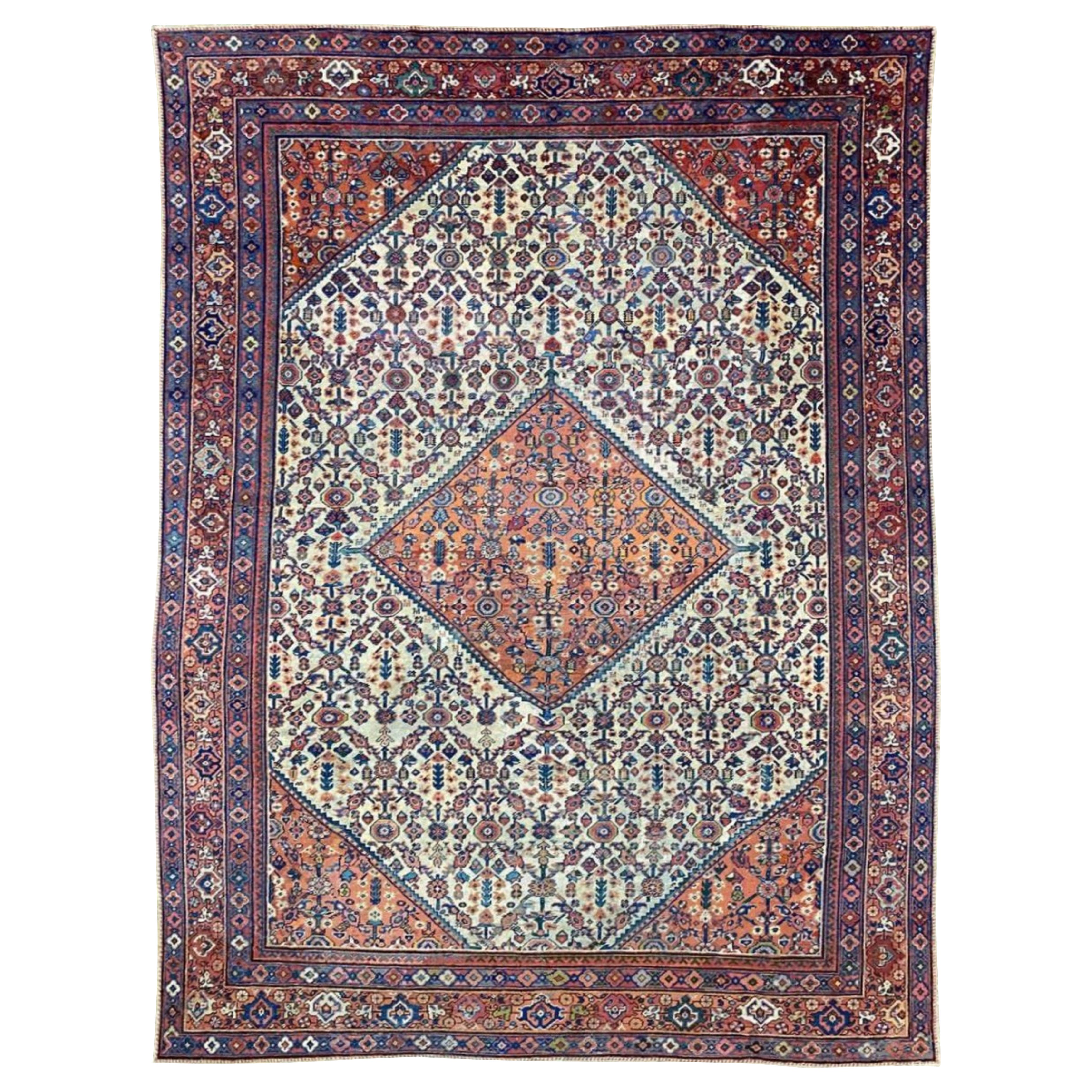 9x13 Hand-Knotted Antique Mahal Wool Area Rug with Medallion Design For Sale