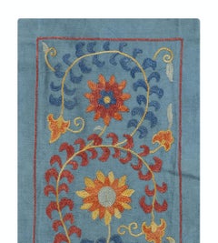 9"x21" 100% Silk Wall Hanging. Wall Decor. Blue Traditional Embroidered Tapestry