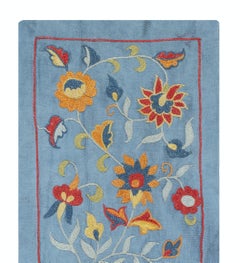 9"x21" Embroidered 100% Silk Wall Hanging. Blue Traditional Tapestry