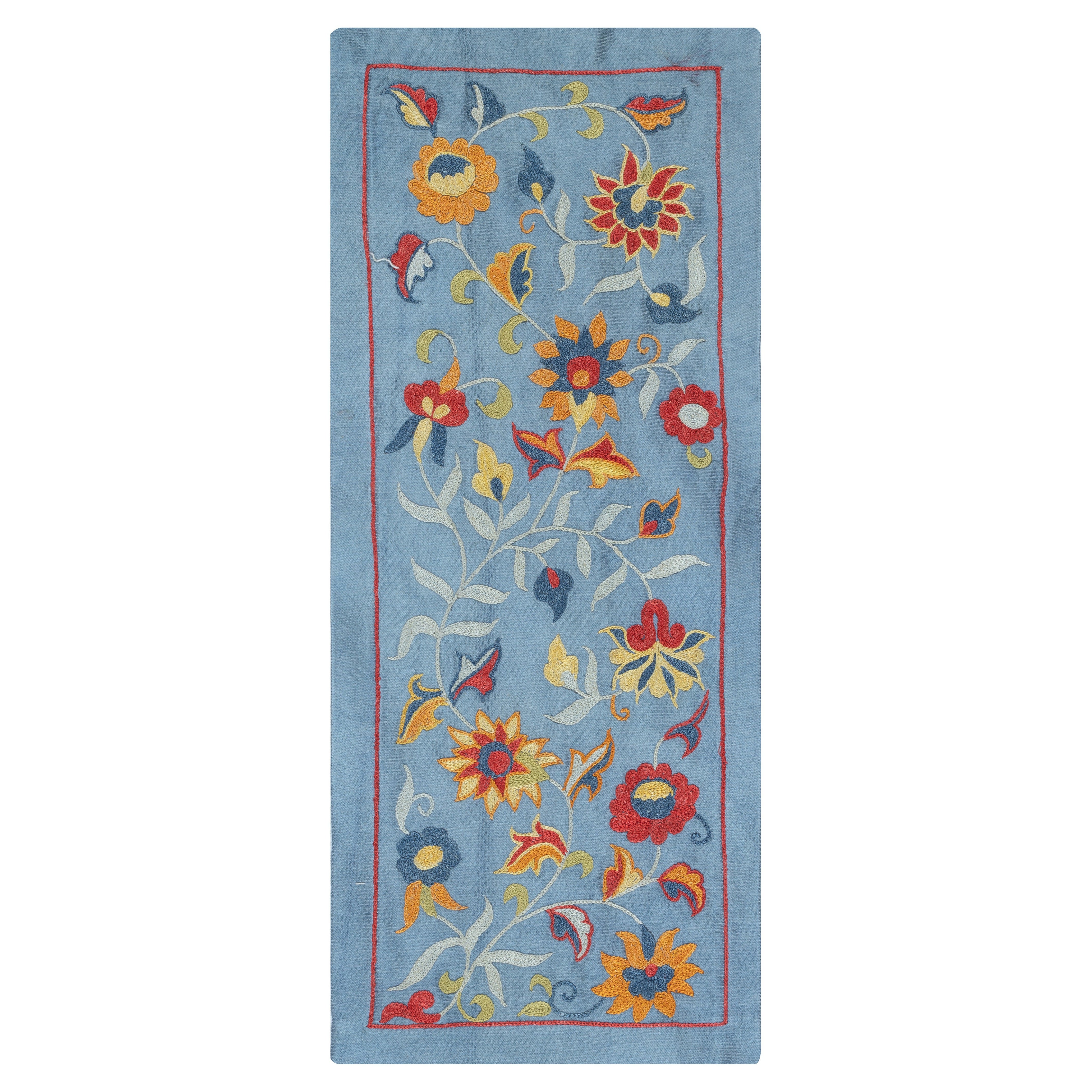 9 "x21" Wandbehang aus 100% Seide, bestickt. Blauer Wandteppich Traditionell