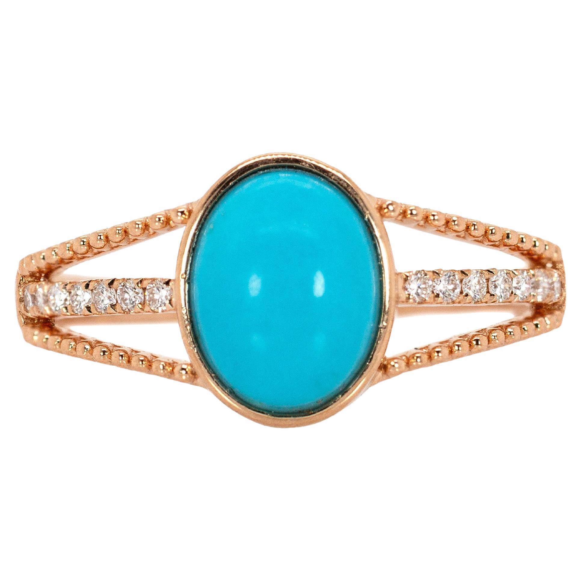 9x7mm, 1.8cts Arizona Sleeping Beauty Turquoise Ring with Diamonds in 14K Gold For Sale