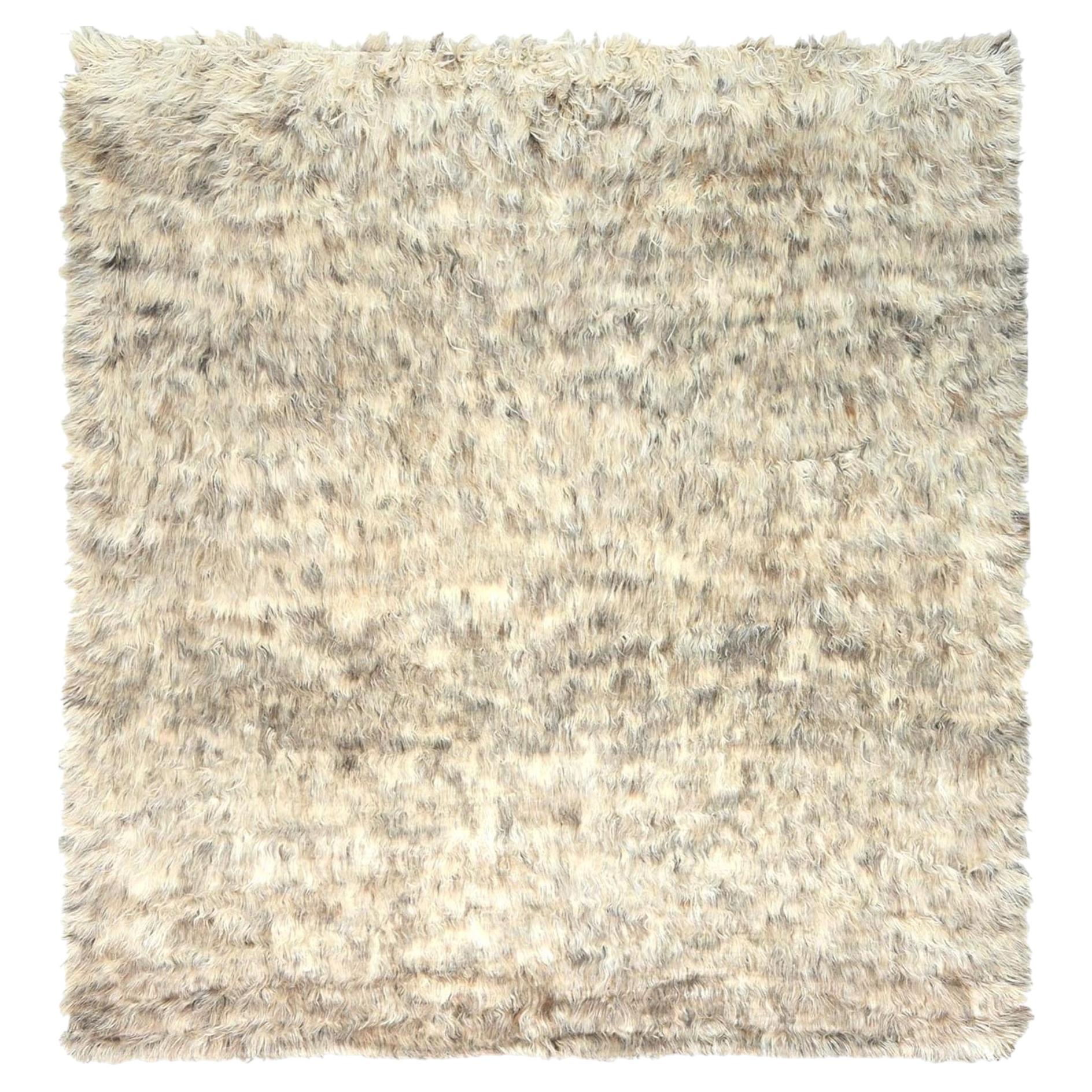 9'x9' Beige, Shag Flokati Greek Style, Natural Wool Hand Knotted Square Rug