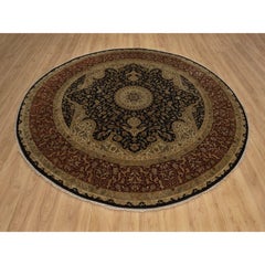9'x9' Schwarzes Medaillon Design Wolle und Seide Hand geknüpft Runde Orientteppich