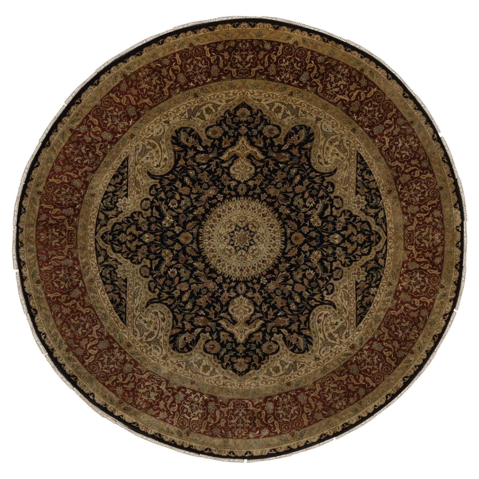 9'x9' Black Medallion Design Wool and Silk Hand Knotted Round Oriental Rug