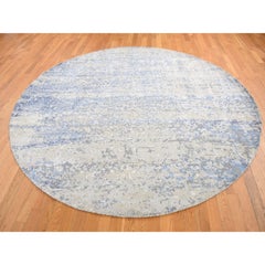 9'x9' Blue, Broken Mosaic Design, Wool and Silk, Hand Knotted, Round Rug