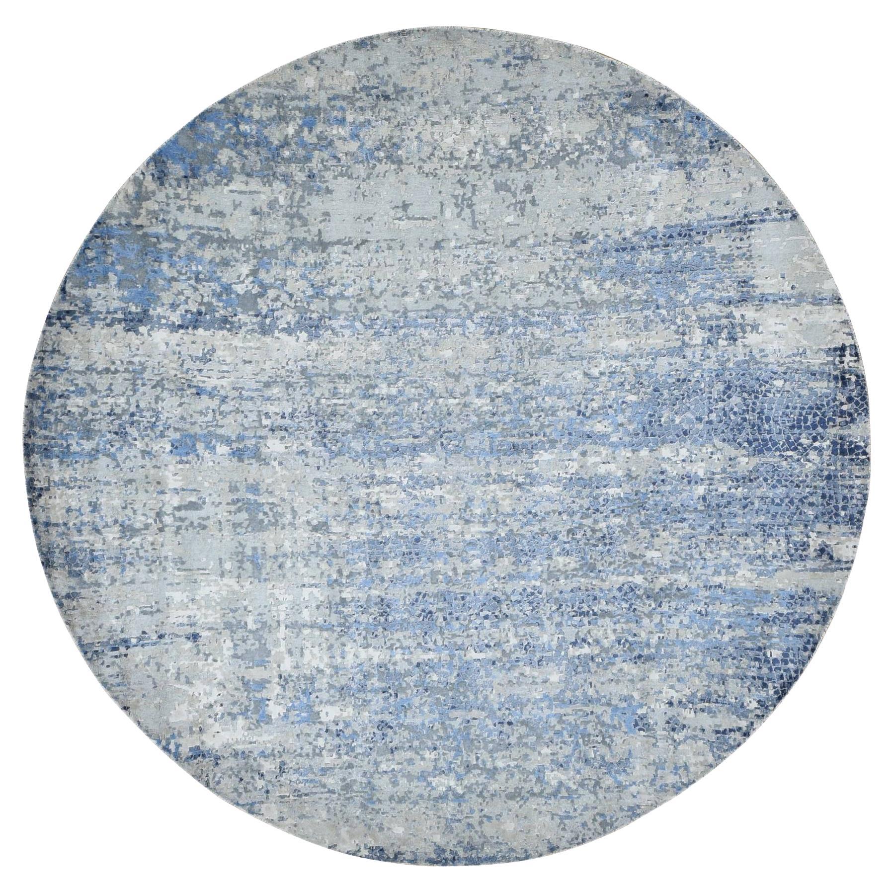 9'x9' Blau, Broken Mosaic Design, Wolle und Seide, Handgeknüpft, Runder Teppich
