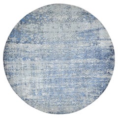 9'x9' Blue, Broken Mosaic Design, Wool and Silk, Hand Knotted, Round Rug