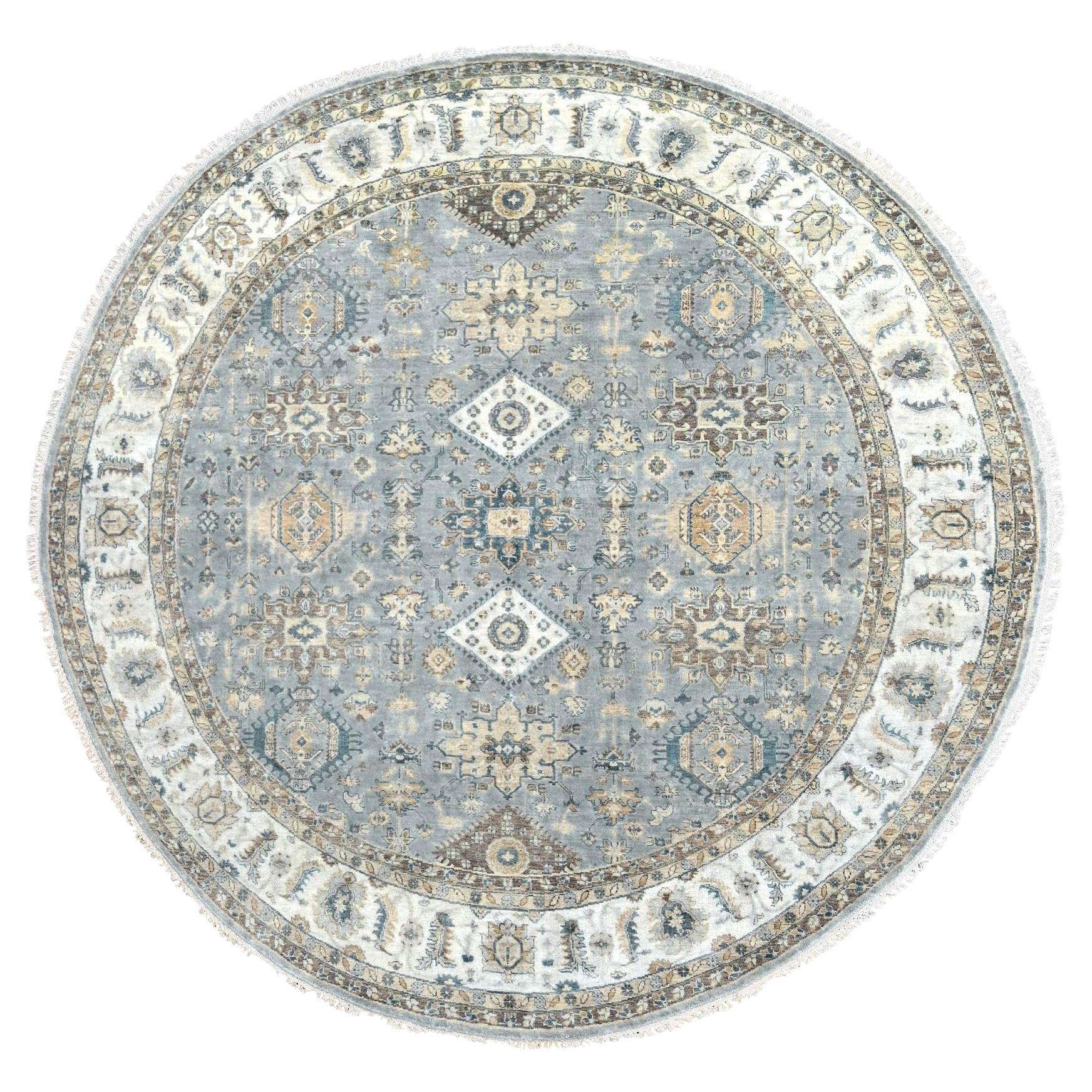 9'x9' Blue Gray Hand Knotted Karajeh Design Wool Round Oriental Rug