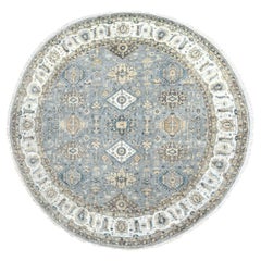 9'x9' Blue Gray Hand Knotted Karajeh Design Wool Round Oriental Rug