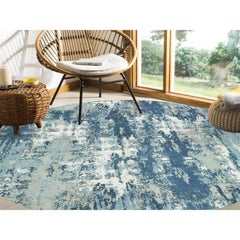 9'x9' Blue Hand Knotted Abstract Design Pure Silk and Wool Round Rug