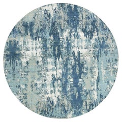 9'x9' Blau handgeknüpftes abstraktes Design Reine Seide und Wolle Runde Teppich