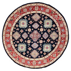 9'x9' Blue Special Kazak Geometric Wool Hand Knotted Round Oriental Rug