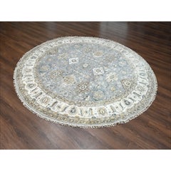 9'x9' Misty Gray Hand Knotted Karajeh Design Pure Wool Round Oriental Rug