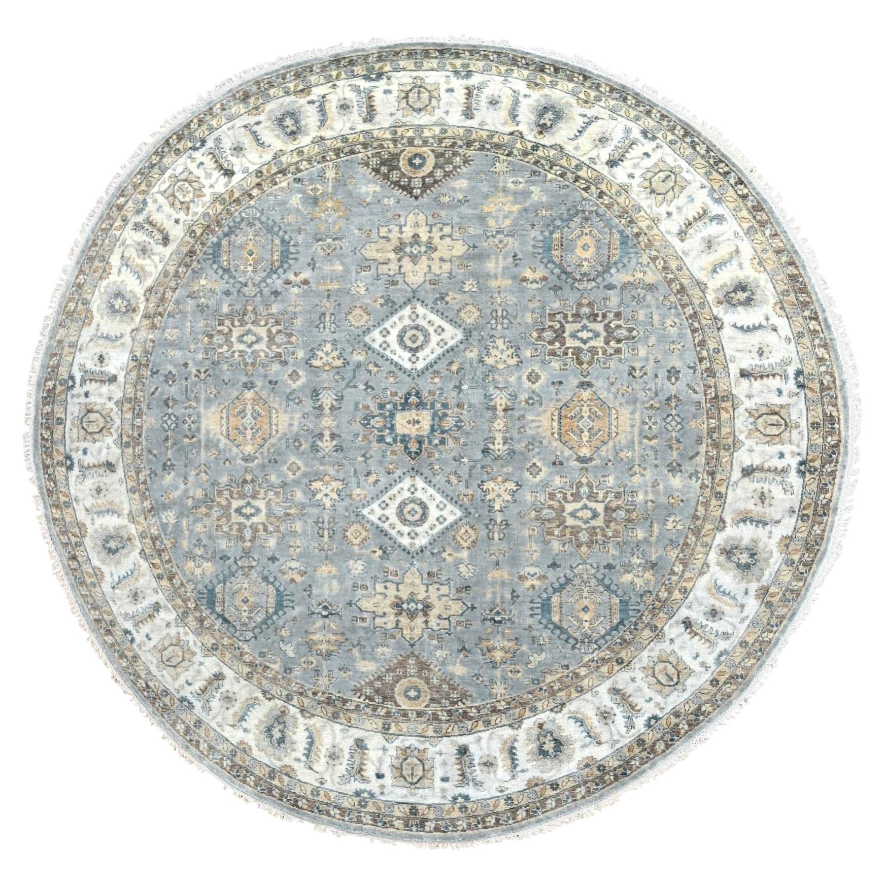 9'x9' Misty Gray Hand Knotted Karajeh Design Pure Wool Round Oriental Rug