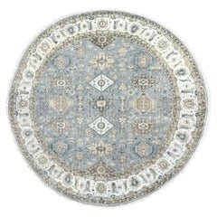 9'x9' Misty Gray Hand Knotted Karajeh Design Pure Wool Round Oriental Rug