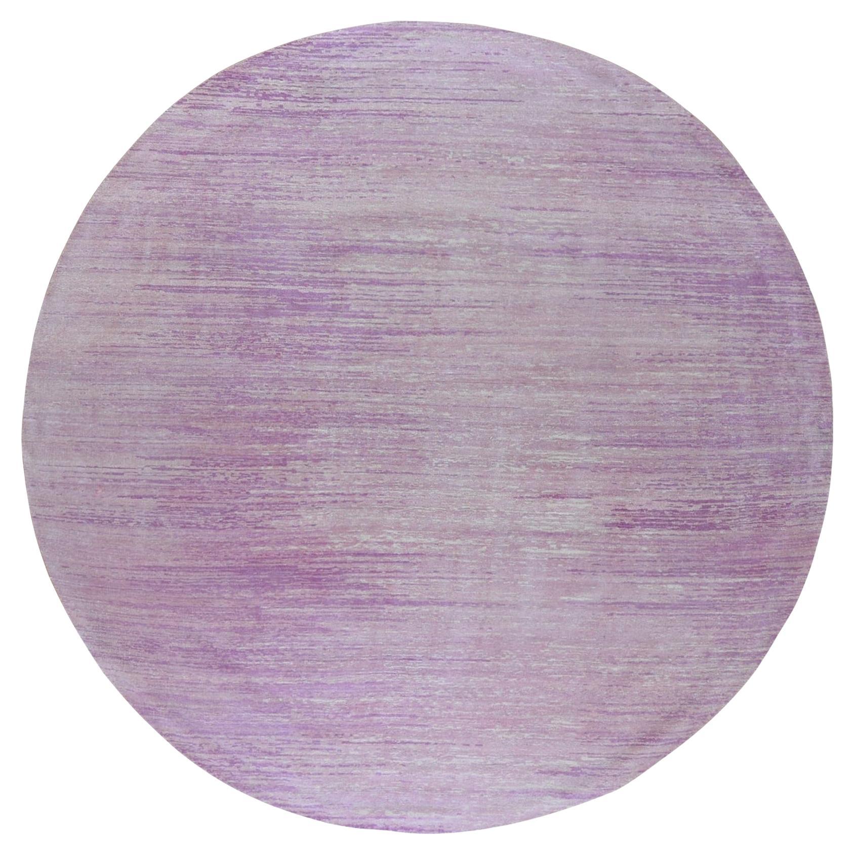 9'x9' Pink Zero Pile Pure Wool Ombre Design Hand Knotted Round Oriental Rug