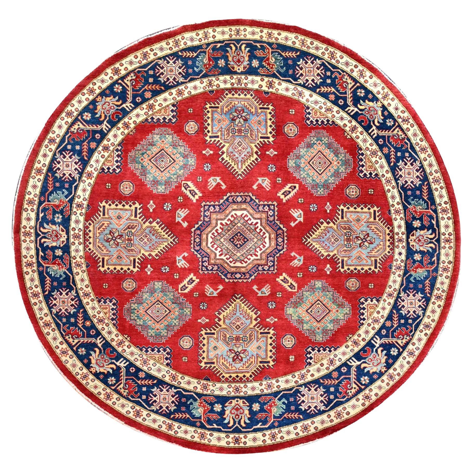 Alfombra Oriental Redonda Anudada a Mano de Lana Kazak Especial Rojo Rufo de 9
x9
