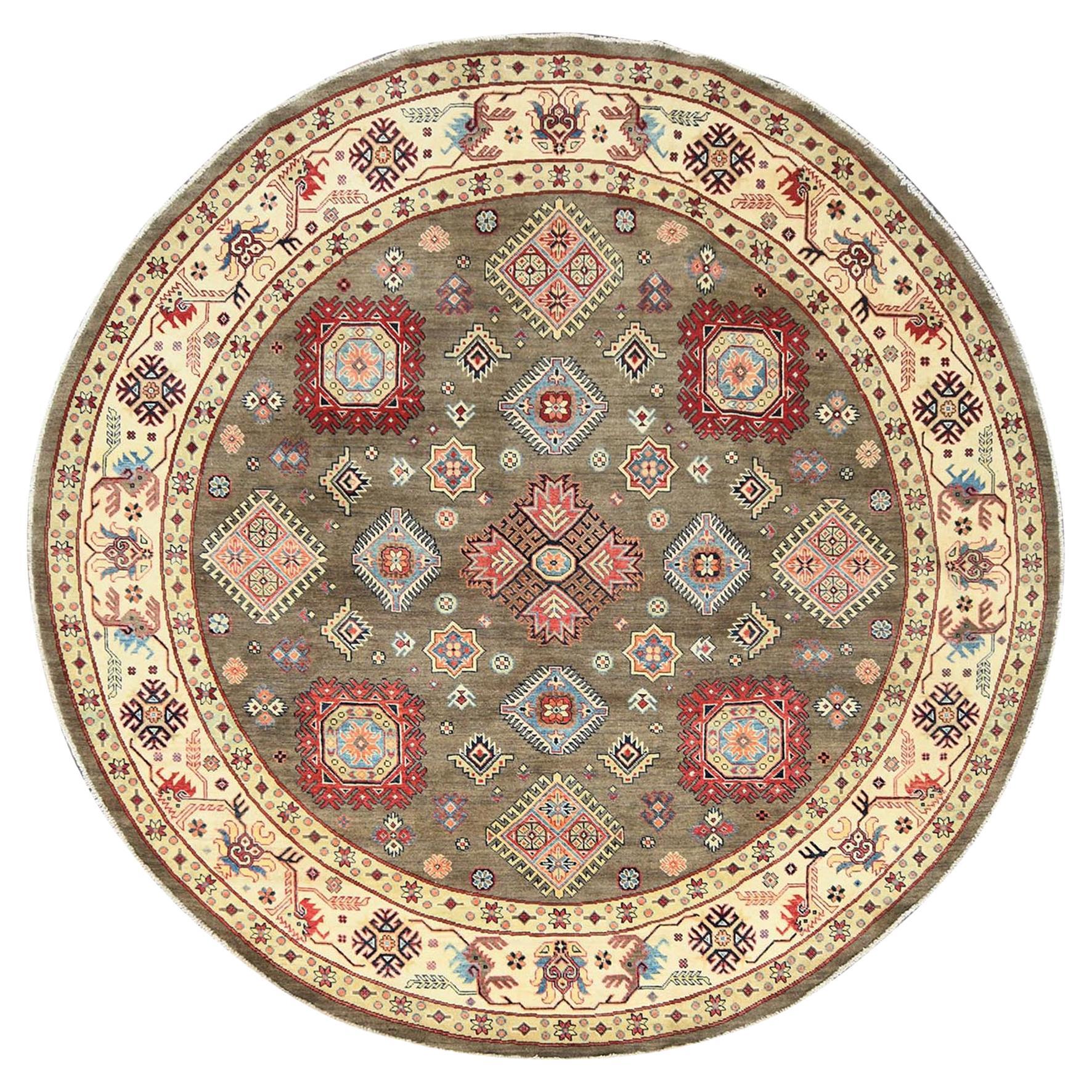 9'x9' Taupe Brown Special Kazak Organic Wool Hand Knotted Oriental Rug
