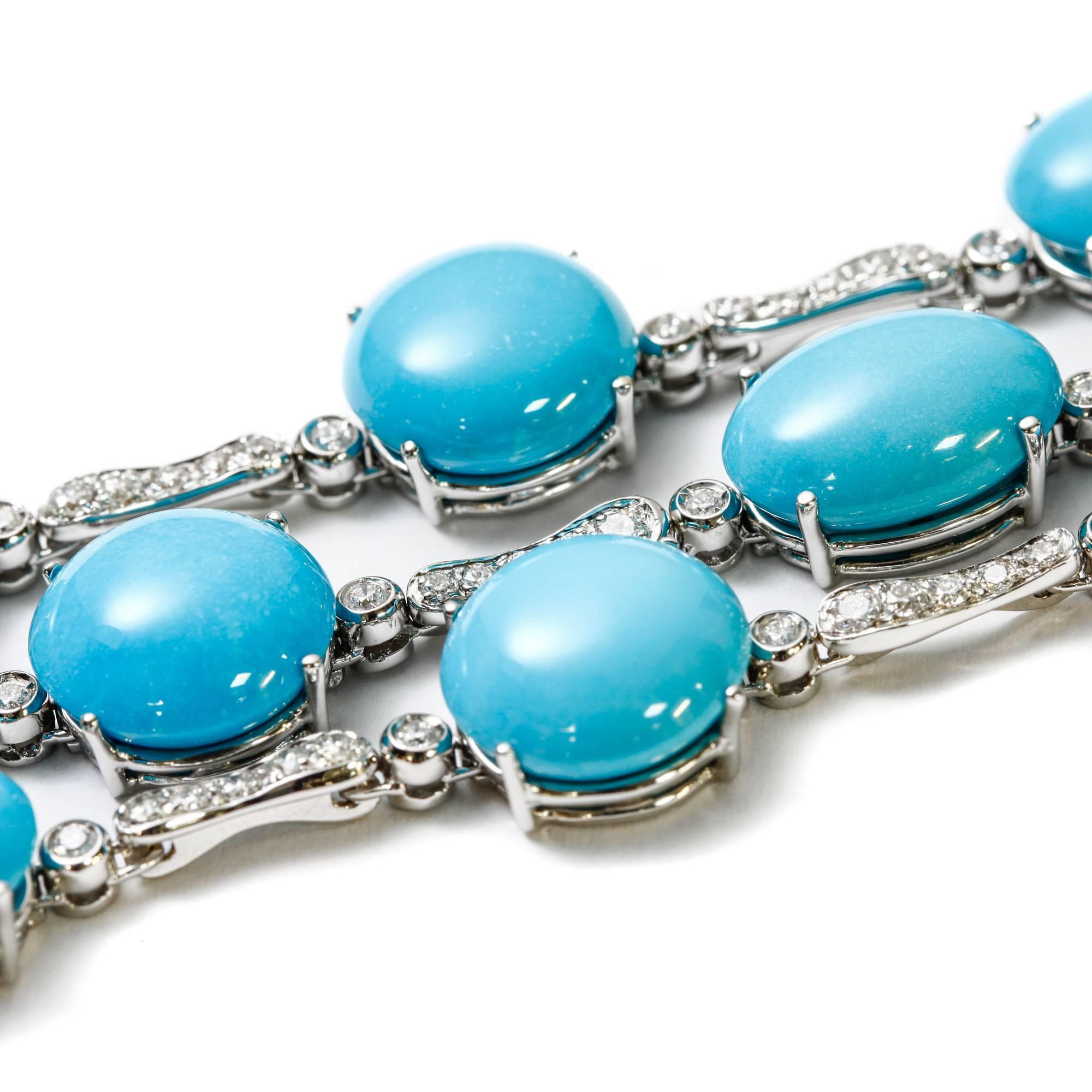 This A & Furst 3 row bracelet features 82.50 ct. round and oval turquoise cabochon cut stones as well as 2.19 ct. pave-set round diamonds in 18k white gold. It is in perfect condition and looks new. The length is adjustable (see photos) and it will