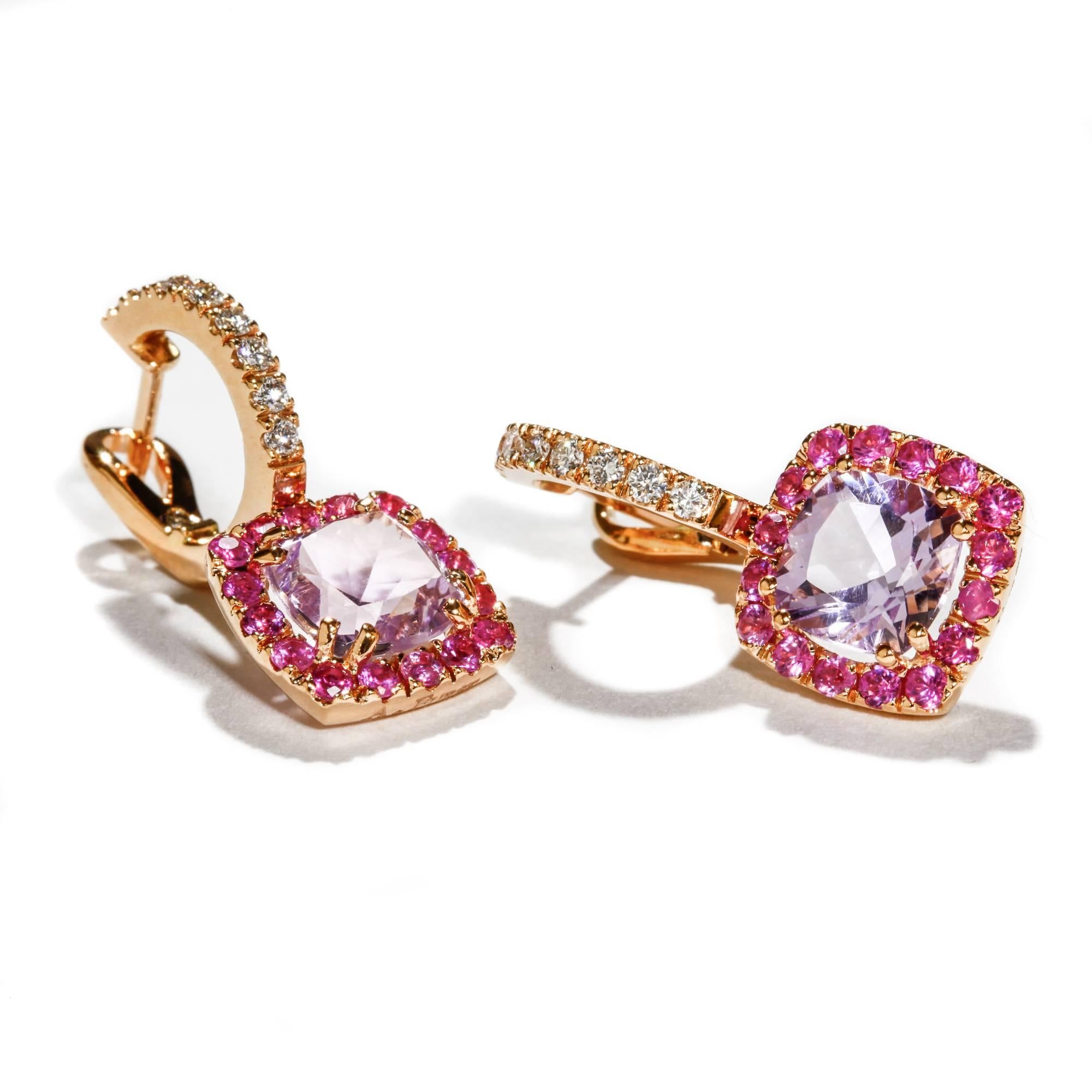 Women's A & Furst Drop Earrings Rose de France Pink Sapphire 18 Karat Rose Gold Dynamite For Sale