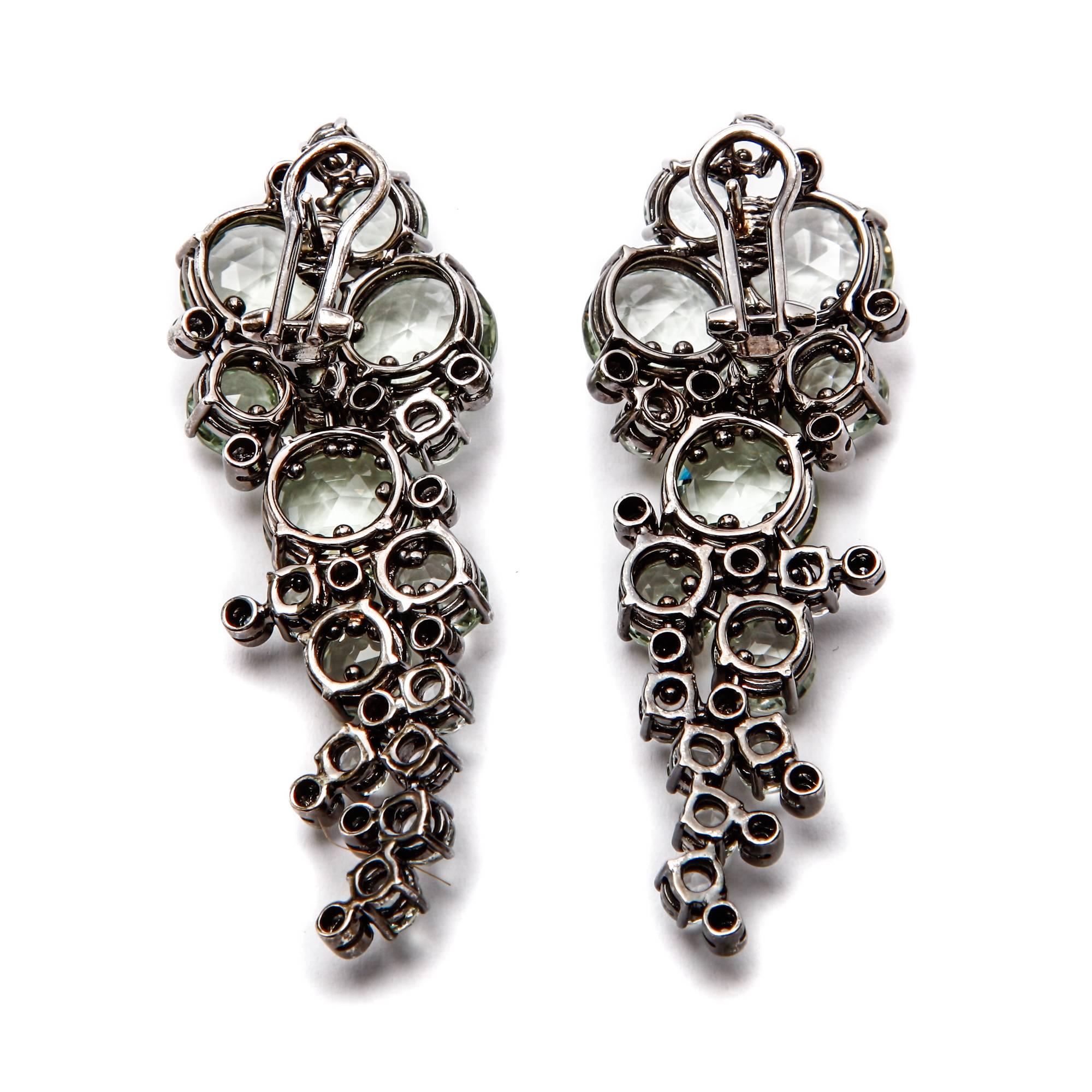 These A & Furst earrings feature 38.50 ct. of rose cut prasiolite (green quartz) and 0.22 ct. round diamonds set in 18k black gold. Black rhodium slightly worn where earrings are fastened on the back. A & Furst jewelry is designed in Napa Valley and