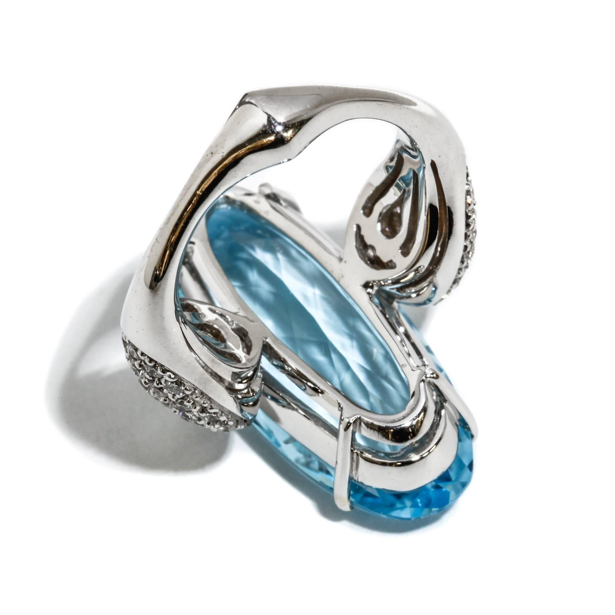 Oval Cut A & Furst Fleur-de-Lys Cocktail Ring Blue Topaz Diamonds 18 Karat White Gold For Sale