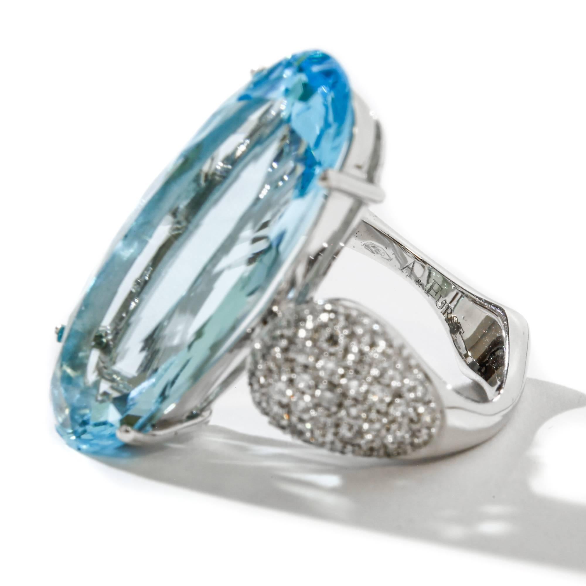 A & Furst Fleur-de-Lys Cocktail Ring Blue Topaz Diamonds 18 Karat White Gold For Sale 1