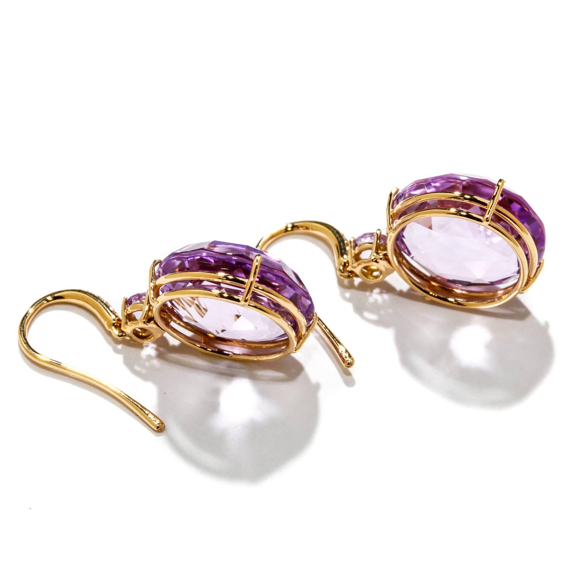These A & Furst drop earrings feature four rose cut rose de France (light purple amethyst) stones totaling 21.00 ct. highlighted by 0.04 ct. of round diamonds, all set in 18k rose gold. A & Furst jewelry is designed in Napa Valley and handmade in