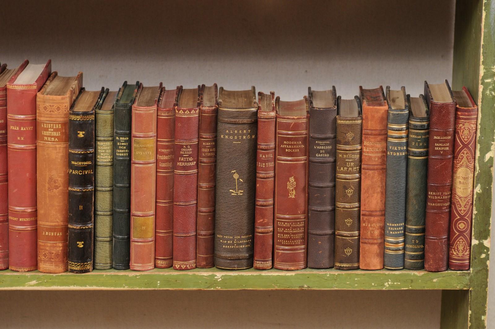 10 Ft. Run of 100 Swedish Antique Leather-Bound Books, in Varying Warm Tones 6