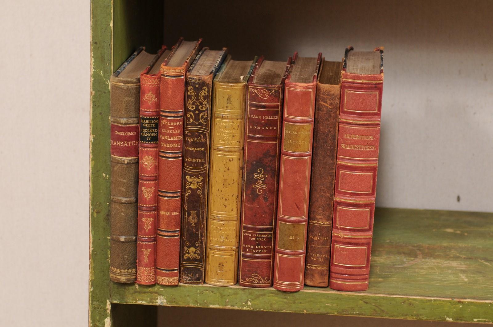 10 Ft. Run of 100 Swedish Antique Leather-Bound Books, in Varying Warm Tones 4