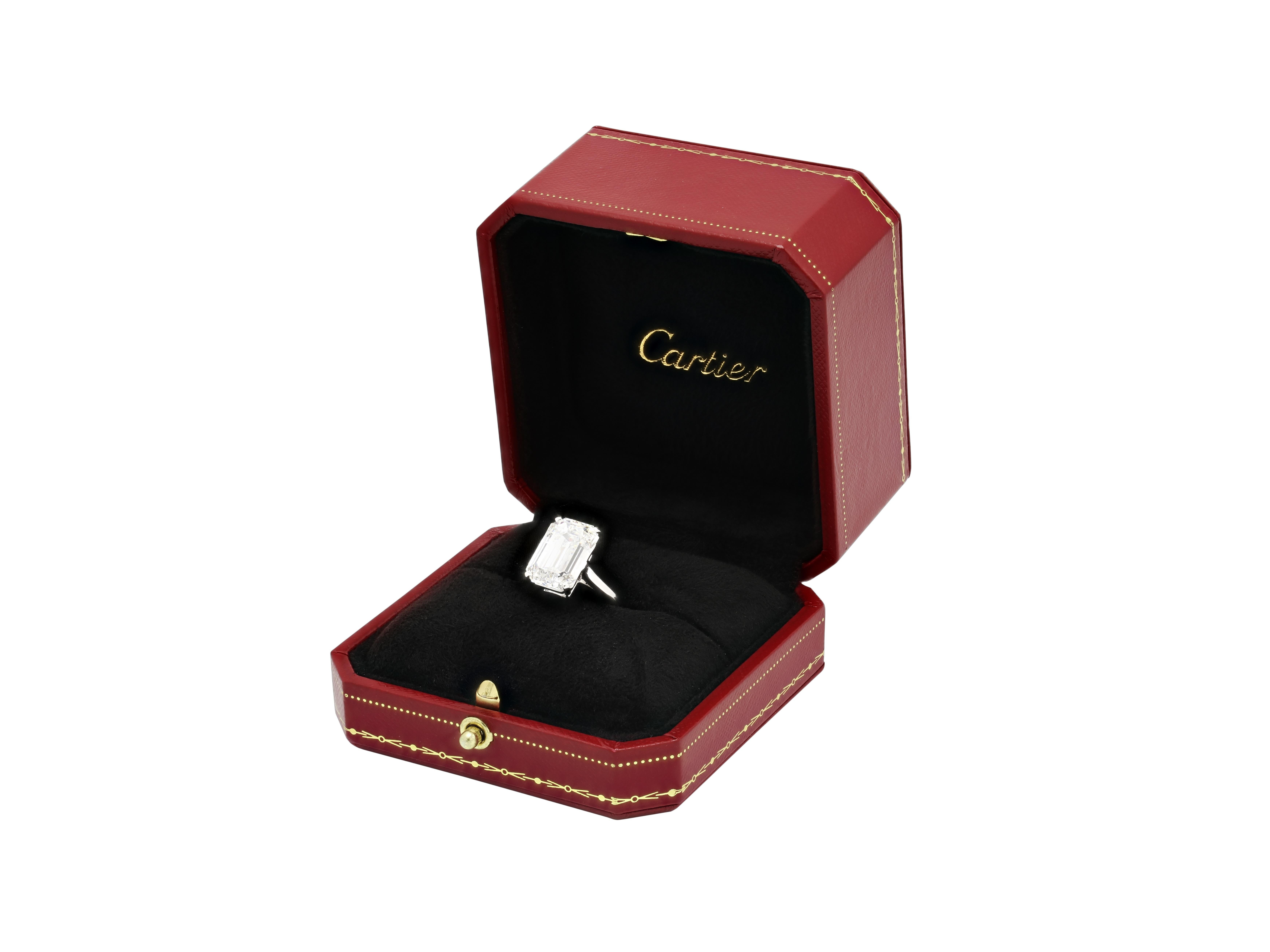 Women's 10.07 Carat E VS1 Emerald Cut Platinum Diamond Ring, by Cartier For Sale
