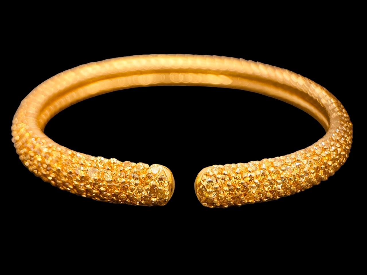 A 12 Carats Pave' Set Fancy Yellow Diamond Bangle, 9mm Width For Sale 3